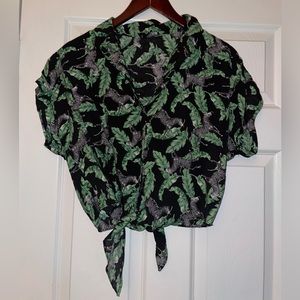 Black Zebra and Green Leaves Button Up Front Tie Crop
